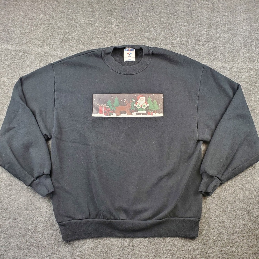 Vintage Ugly Chirstmas Sweater Women L Black Crewneck Sweatshirt Jerzees Made US